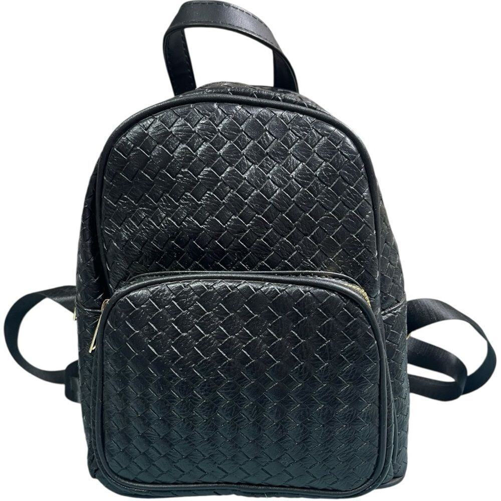 Black Woven Leather Quilted Mini Backpack